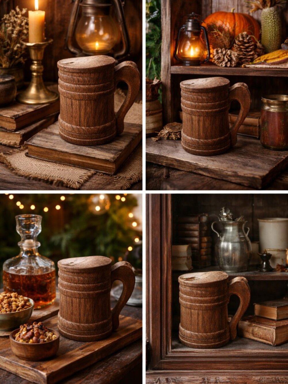 Vintage Wooden Tankard Mug with Lid | Rustic Hand Carved Stein |